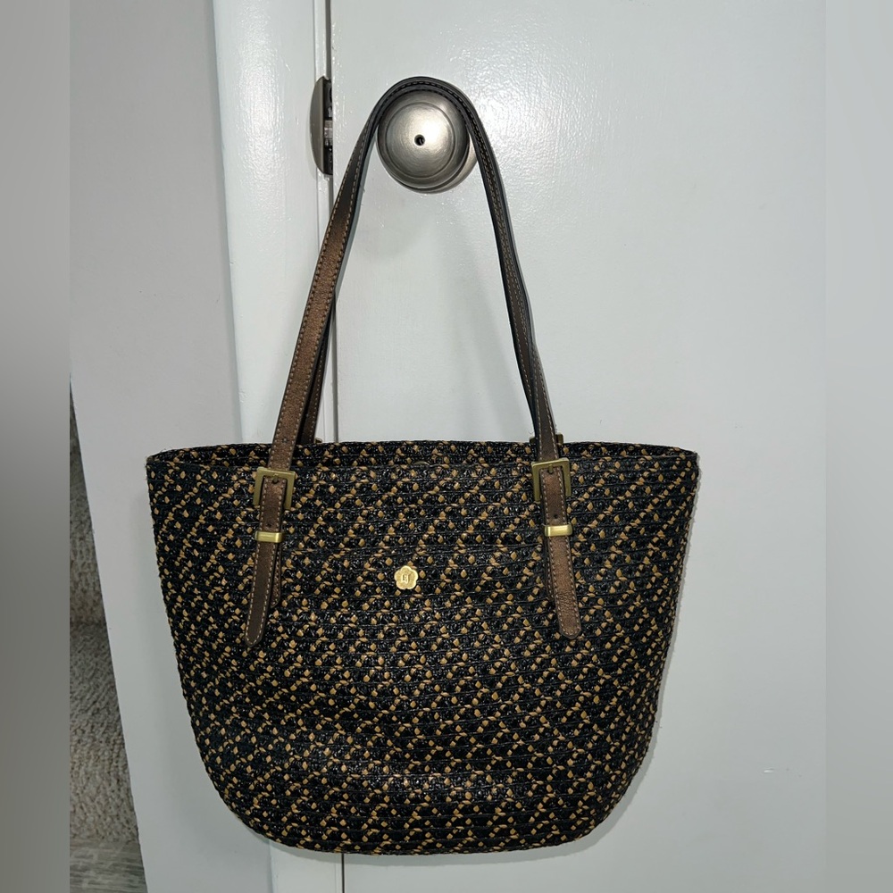 ERIC JAVITS straw raffia black and tan leather trim tote. Beach/ summer tote.